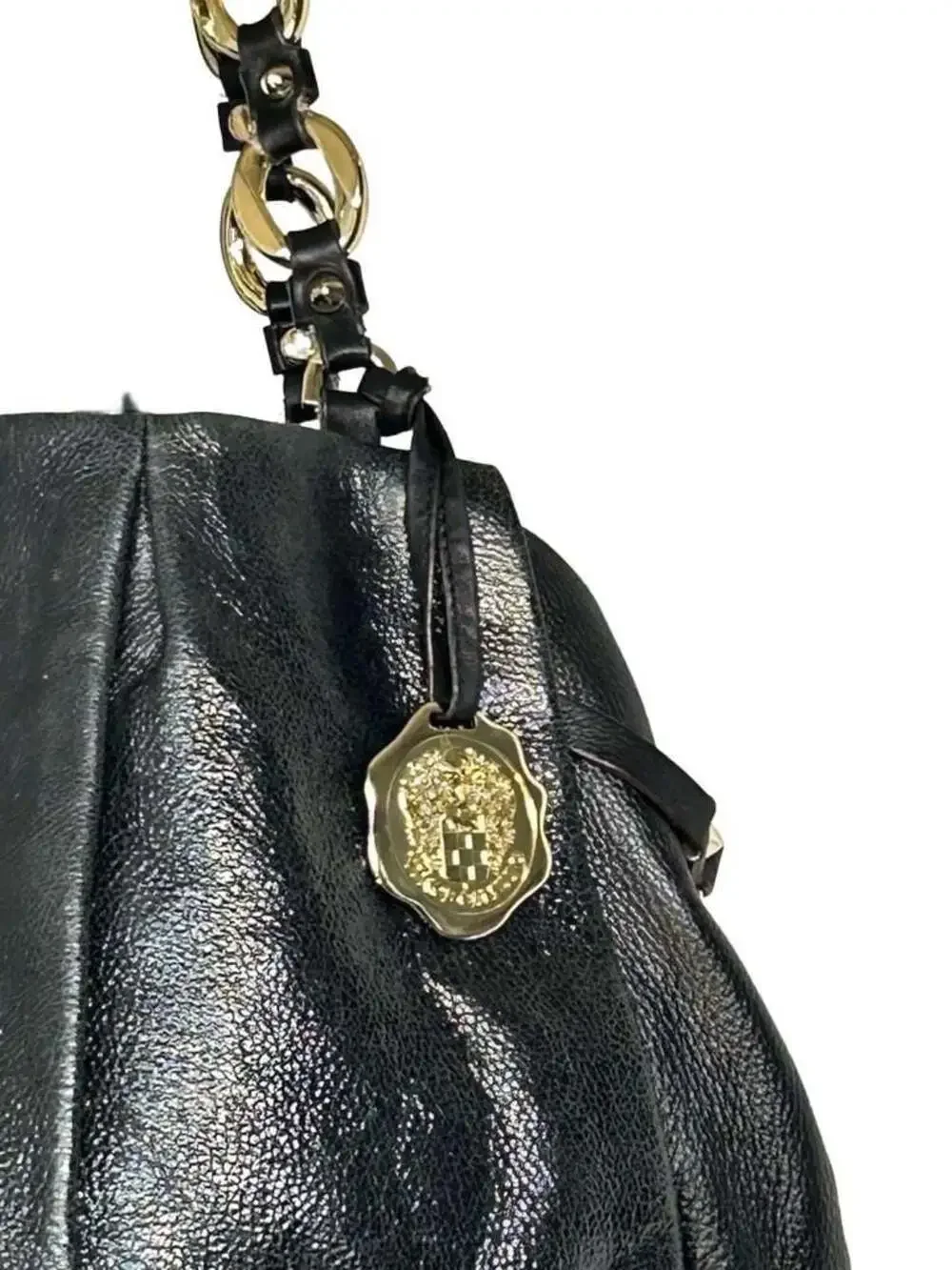 Vince Camuto Black Pebbled Leather Hobo Shoulder Bag with Gold-Tone Chain Link D